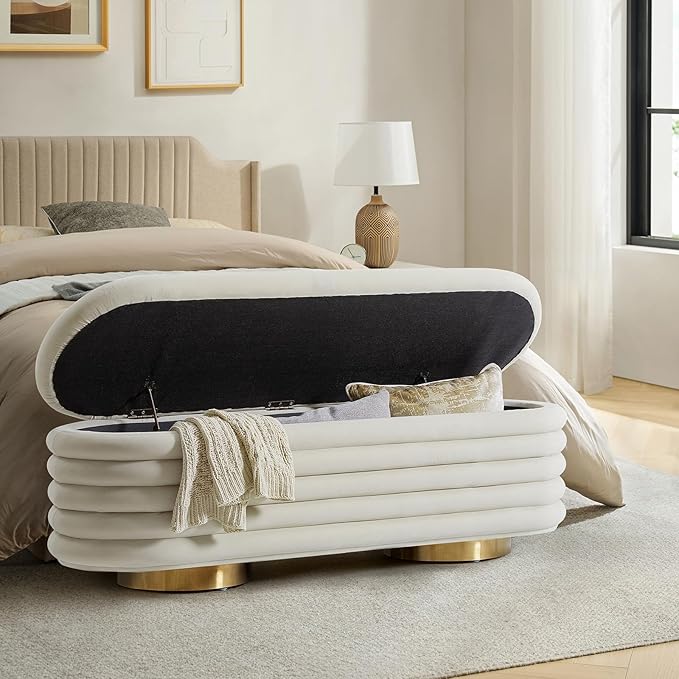 HULALA HOME Velvet Storage Bench, Large Upholstered Ottoman with Button Tufted Design for Living Room, Bedroom, Entryway, or Window, End of Bed Bench with Shoe Storage, Modern Home Decor, Ivory