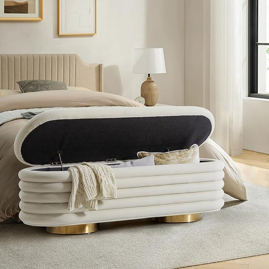 HULALA HOME Velvet Storage Bench, Large Upholstered Ottoman with Button Tufted Design for Living Room, Bedroom, Entryway, or Window, End of Bed Bench with Shoe Storage, Modern Home Decor, Ivory