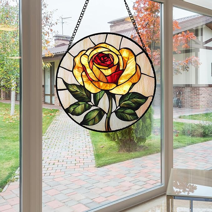 Stained Glass Window Hanging - Elegant Yellow Rose Flower Sun Catcher for Door Garden Home Decor Suncatcher Christmas Mother's Day Birthday Gifts for Women Mom Girl Nana Friend 6.3 in