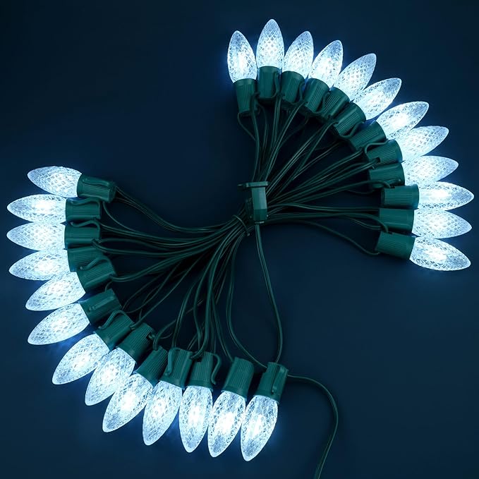 YULETIME Cool White C9 LED Christmas Lights, 25 Feet 25 Count 12" Spacing Faceted Strawberry Bulbs UL Certified Outdoor String Light Set (Cool White)