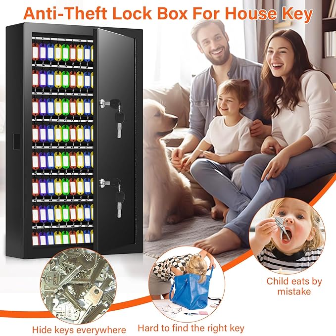 200 Keys Dual Lock Key Cabinet, Anti-Theft Key Lock Box with Key Tags, Adjustable Key Organizer Wall Safe for Car Office House Garage Rental Business