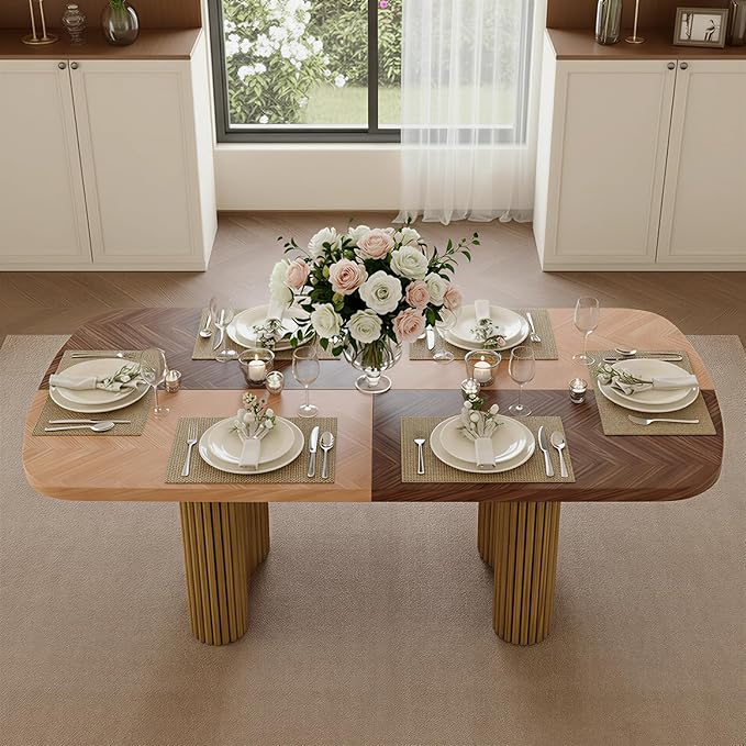 79" Large Dining Table Set for 6, Modern Farmhouse Dining Room Table Set with 1.7" Thick Two-Tone Wood Top, Sculpted Wave Legs & 6 Suede Upholstered Chairs, Wooden Kitchen Table Set for Living Room