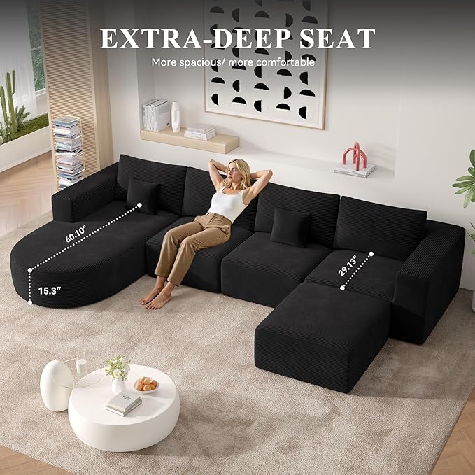 134" Boneless Couches for Living Room,Modular Sectional Sofa with Ottoman,Cloud Couch in a Box,Sponge Compression U Shaped Sofas with Chaise No Assembly Required,Black,1pcs