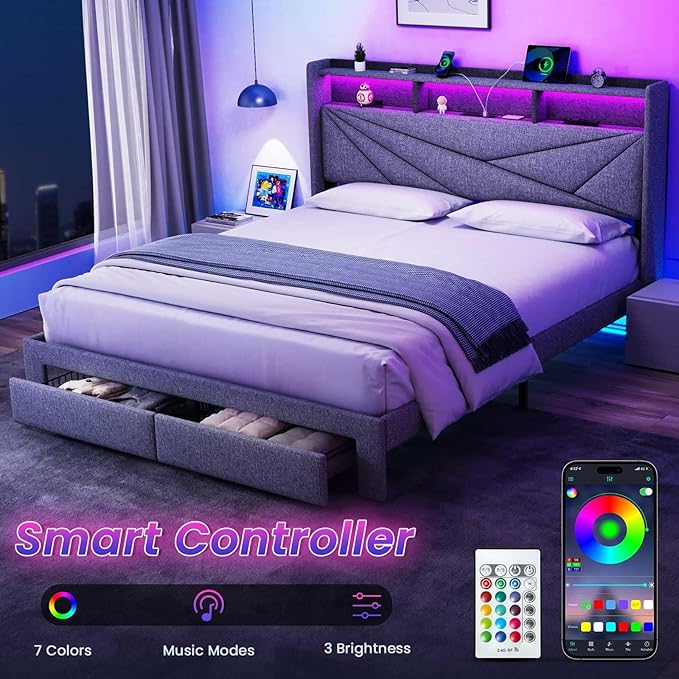 LED Full Size Bed Frame with 2 Storage Drawers, Upholstered Full Bed Frame with Headboard and Charging Station, No Box Spring Needed, Easy to Assembly-Light Grey