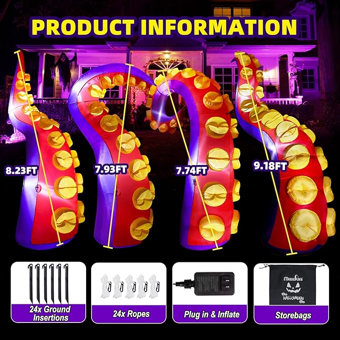 Max Fun 4pcs Halloween Inflatables Octopus Tentacles Outdoors Decorations with LED Lights Built-in Blow Up Yard Decoration for Outdoor Garden Lawn (8FT- Halloween Inflatables Octopus Tentacle)