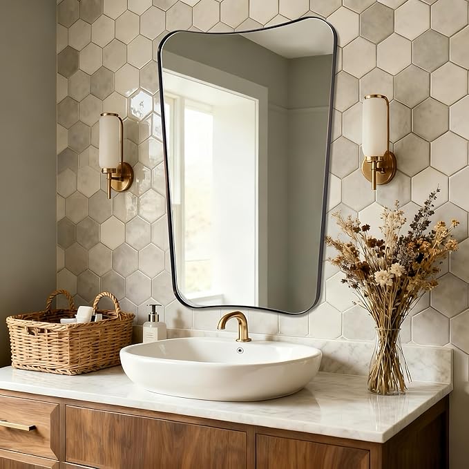 ANDY STAR Brushed Bronze Asymmetrical Mirror, 24"x36" Bathroom Mirror with Premium Stainless Steel Thin Frame, Antique Butterfly-Inspired Designer Mirror, Ideal for Bathroom, Powder Room, Entryway