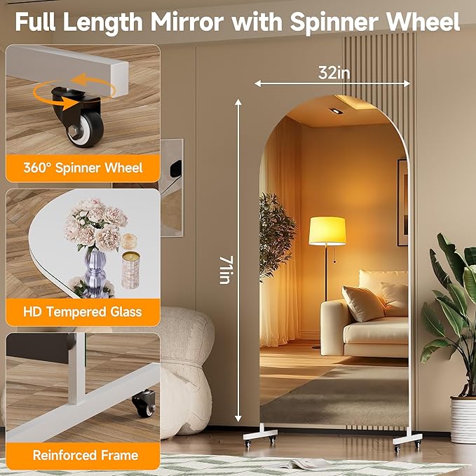 Hasipu 71" x 32" Arched Rolling Home Gym Mirror with Wheels, 360° Swivel Body Mirror with HD Tempered Glass, Large Floor Mirror for Yoga Room, Dance Studio, Bedroom & Home Gym
