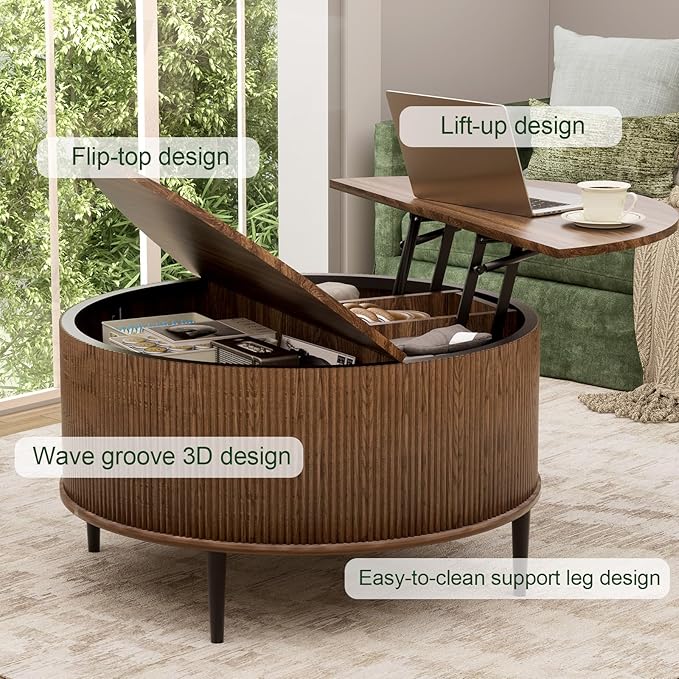 Yechen 31.5" Round Coffee Table with Storage,Fluted Lift Top Center Table, Midcentury Modern Flip-top Curved Table for Living Room,Walnut