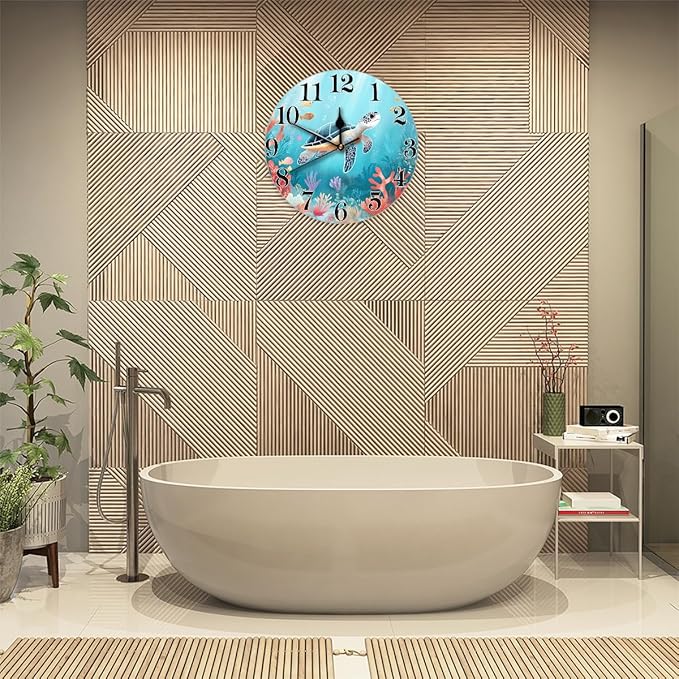 Cute Ocean Sea Turtle Wall Clock Battery Operated 10 in Round Wall Clocks Slilent Non Ticking Quartz Analog Clock for Bedroom Kids Living Room Classroom Decor