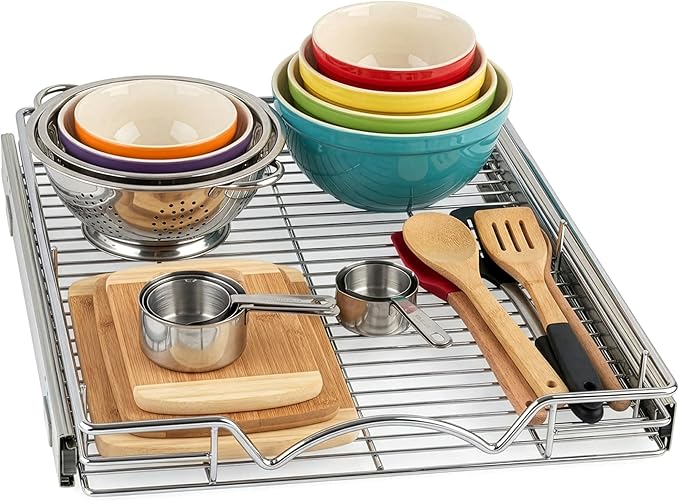 HOLDN’ STORAGE Pull Out Cabinet Organizer, Heavy Duty Caddy w/Lifetime Limited Warranty -17”W x 21”D - Requires At Least 18-1/4” Cabinet Opening, Steel Metal Cabinet Drawers Slide Out, Chrome