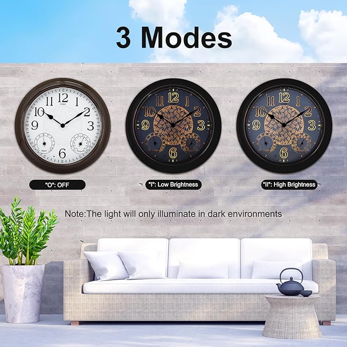 OCEST 15 Inch Illuminated Large Outdoor Clock Waterproof, Night Light Illuminated Wall Clocks with Smart LED Sensor, Temperature and Humidity Combo for Garden Patio Pool Garage (Metal)