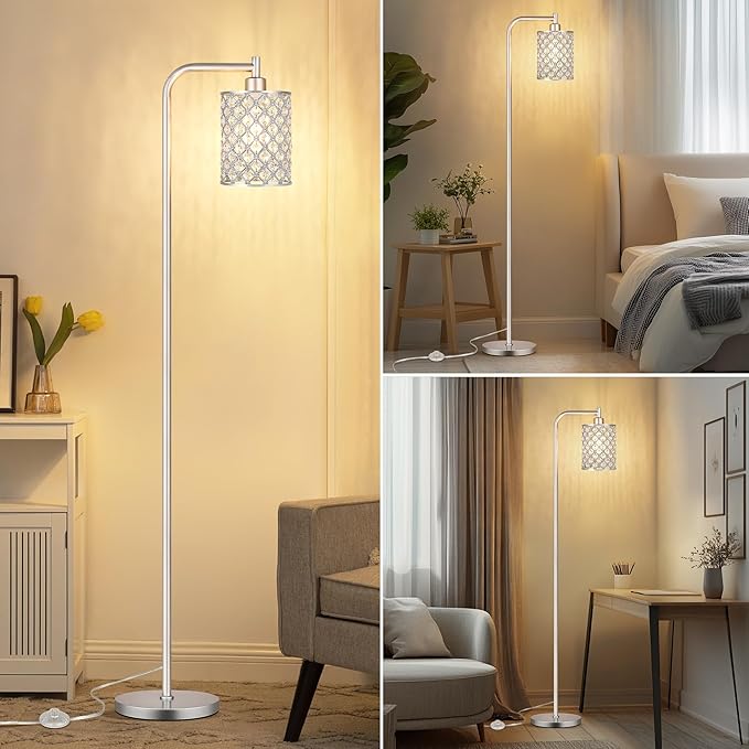 QiMH Industrial Floor Lamp for Living Room, Modern Standing Lamp with Crystal Lampshade Pedal Switch, 67” Tall Lamp for Bedroom Study Room, Silver (2700K LED Bulb Included)