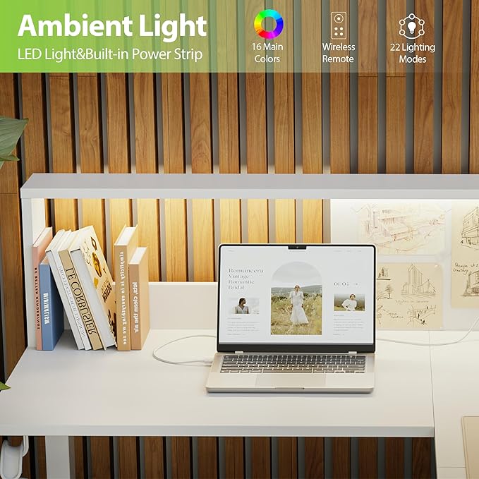 Agilestic L-Shaped Electric Standing Desk, 63x55 Inch Ergonomic Adjustable Height Desk with Storage, Stand Up Corner Desk Sit Stand Computer Table Power Outlet & LED Lights, Office Table, White