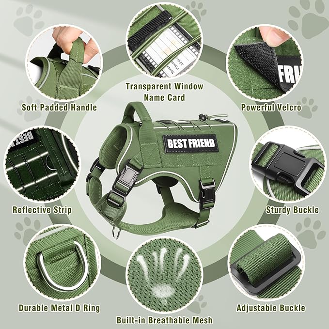 Tactical Dog Harness Medium Sized Dog,No Pull Military Dog Vest with Handle&Molle,Reflective Heavy Duty Pet Harness for K9 Working Walking Hiking Training Green M
