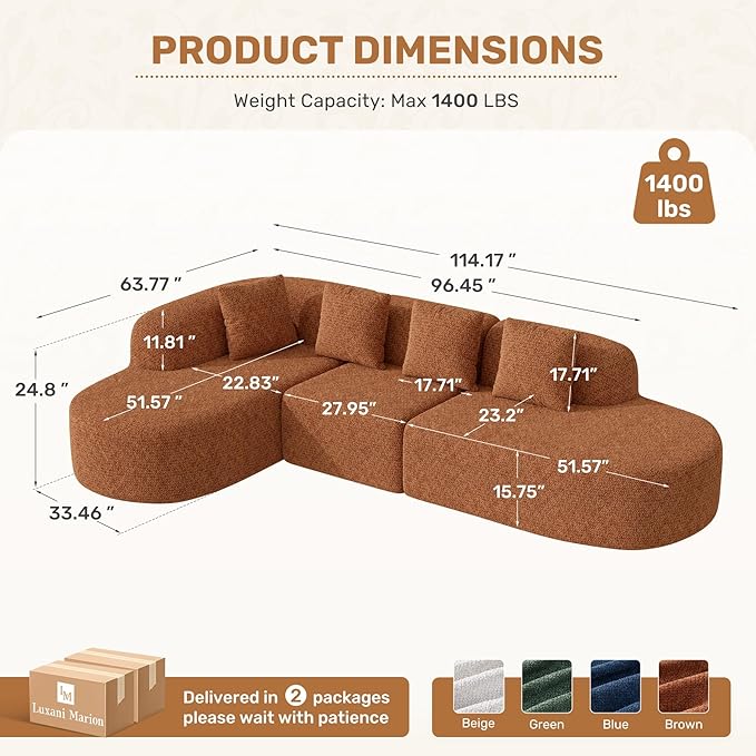 114 Inch Boneless Couches for Living Room,Modern Modular Sectional Sofa with Chaise,L-Shape Cloud Sectional Couch,No Assembly Required,Brown
