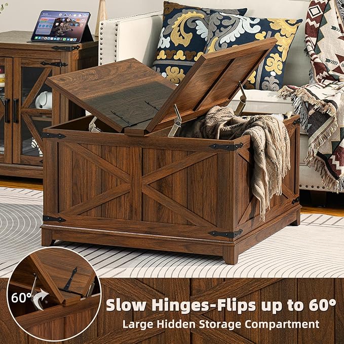 Farmhouse Coffee Table Sets 2 Pieces, Narrow Night Stand with Glass Barn Door Storage, Large Coffee Tables with Hidden Storage Organizer, Wood Furniture Sets for Living Room, Office, Brown