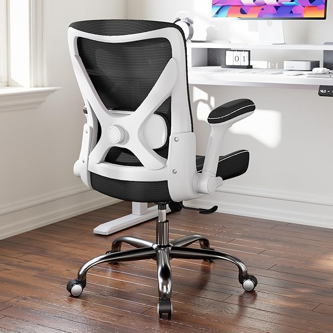 Office Home Ergonomic Desk Chair-Computer X-Shaped Chair Mesh PU Leather with Adjustable Lumbar Support-Executive Chair High Back Flip-Up Arms for Long Hours (Light Black-No Headrest)