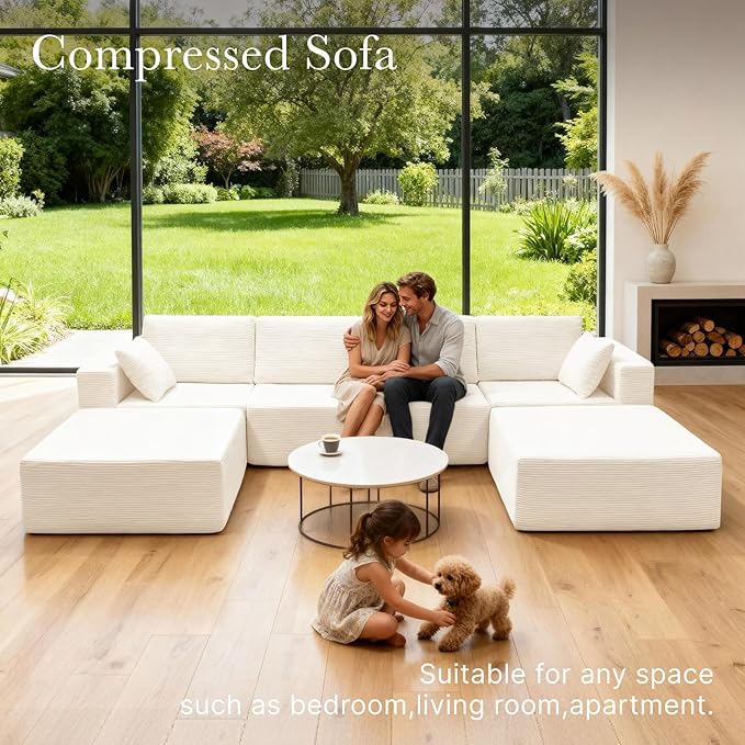 137” Modular Sectional Sofa Couch, 4-Seater U-Shape Sofa with Ottoman, Memory Foam Compressed Sofa, Free Combination Couch for Living Room,No Assembly Needed (White, 4 Seats+ 2 Ottoman)