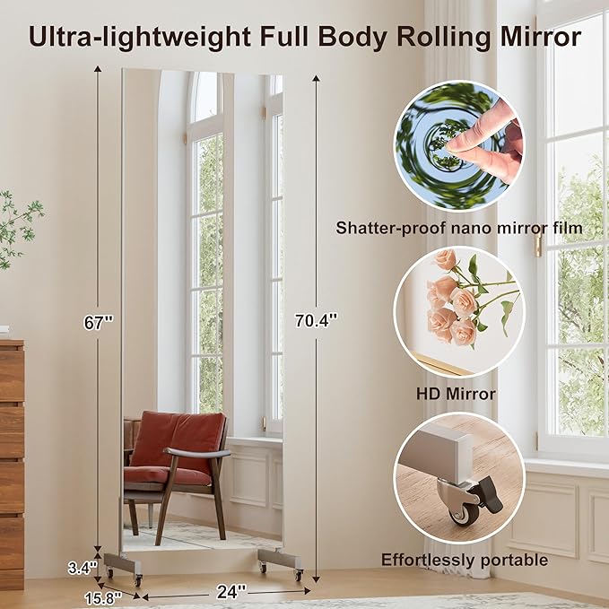 brisafe 67"x24" Ultra-Light Mobile Floor Mirror with 360° Wheels, 0.04mm Shatterproof Nano Film for Home Gym/Yoga/Dance Studio & Commercial Use | 60% Insurance Savings | Silver