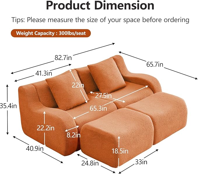 Orange Modular Cloud Couch Loveseat with 2 Ottomans, Modern Teddy Fabric Boneless Sectional Sofa in a Box for Living Room, Deep Seat Floor Couch, No Assembly Required, Sofas para Sala