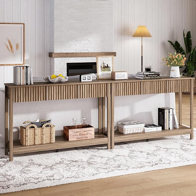Treocho 47" Console Table with Drawers, Fluted Narrow Entryway Table with Open Shelf, Farmhouse Sofa Table Behind Couch for Hallway, Living Room, Brown Walnut