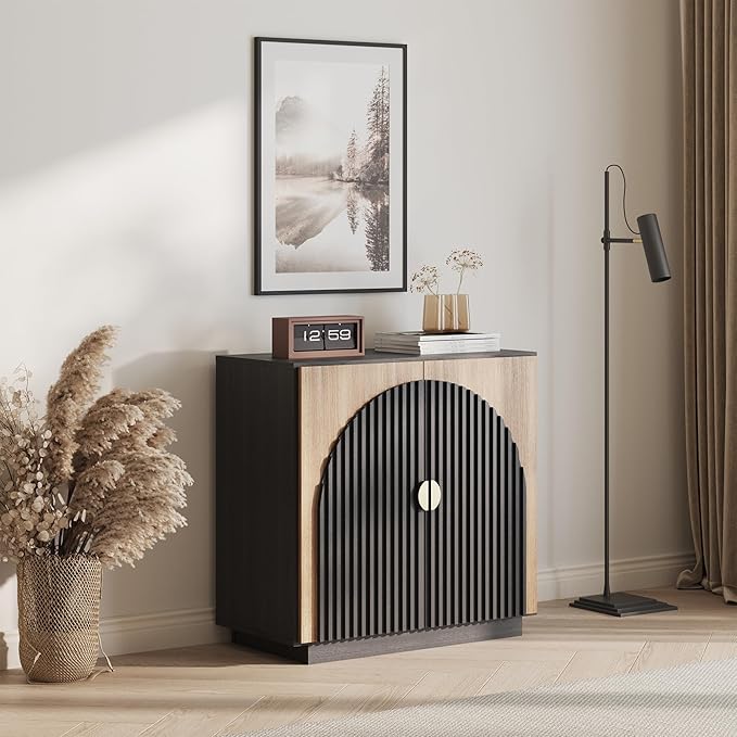 BELLEZE Modular Fluted Sideboard Buffet Cabinet with Storage, Mid-Century Modern Console Table with Symmetrical Arched Doors, Elegant Credenza for Dining Room, Kitchen, and Living Room, Camel