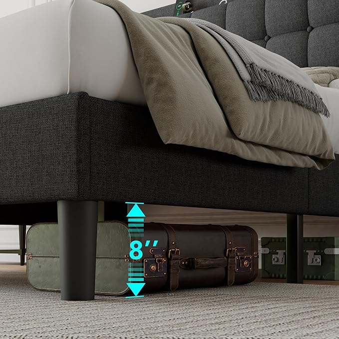 iPormis Full Size Upholstered Platform Bed, Button Tufted Wingback Bed Frame with Charging & Storage Headboard, No Box Spring Needed, Dark Gray