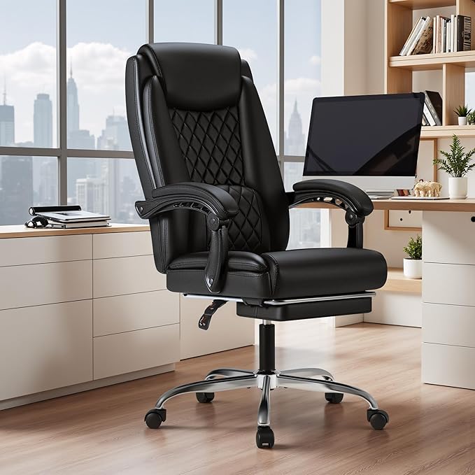 Furmax Office Chair with Footrest Ergonomic High Back Design Executive Computer Desk Chair400lbs, 90-135° Reclining Leather Home Office Desk Chairs Swivel Task Chairs with Wheels(Black)