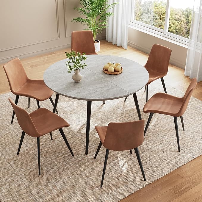 43.3"-59.1" Extendable Round Dining Table Set, Round Table for 6 Person with Scratch-Resistant Thickened MDF Board, Gray Coffee Table w/Metal Legs
