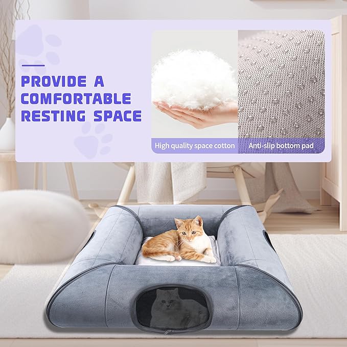 Indoor Cat Cave Bed with Door, with Removable Soft Pad, Sturdy and Scratch Resistant,Suitable for Small and Medium Cats (Gray)