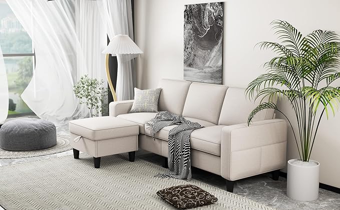 ZeeFu Couch for Living Room - 78'' Beige Linen 3 Seat L-Shaped Sectional Sofa Couches with Storage Ottoman - Modern Small Space Upholstered Furniture Sofa Set for Office Small Space Apartment Bedroom