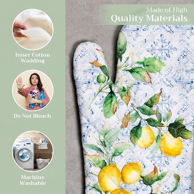 Maison d' Hermine Oven Gloves 100% Cotton Oven Mitt 7" x 13" with Loop Heat Resistant, BBQ, Cooking Gloves, Baking, Grilling, Kitchen, Handling Hot Pans Spring/Summer (Pack of 1, Citrus)