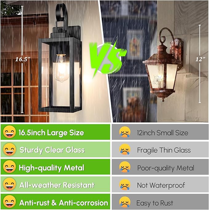 BesLowe 16.5“ Outdoor Wall Light Fixture, Exterior Lighting Fixture Wall Mount, Waterproof Porch Light Outdoor Wall Sconce Lantern, Outside Light for House Front Door Garage, Black