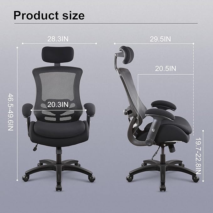 BOLISS Ergonomic Office Desk Chair with Headrest, Flip-up & Height Adjustable Arms, Wide Two-Layer Molded Foam Cushion, Adjustable Lumbar Cushion (Black)