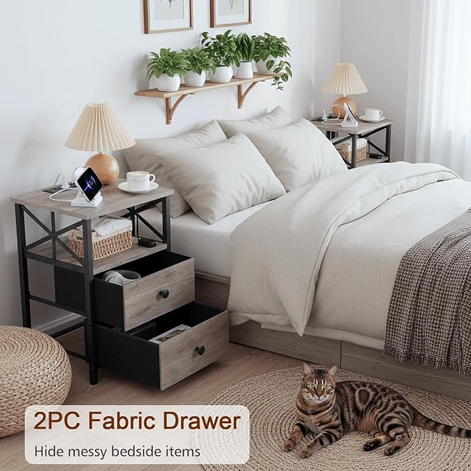 AMHANCIBLE Night Stand Set 2, LED Nightstand with Charging Station, End Tables Living Room with Fabric Drawers, Bedside Table for Bedroom, Greige, HET052LGY