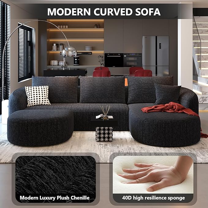 111" Modular Sectional Couches Luxury Modern Curved Back U-Shape Sofa Set with Ottoman,Minimalist Comfy Boneless Cloud Couch for Living Room Apartment,(Right Facing Chaise,Black)
