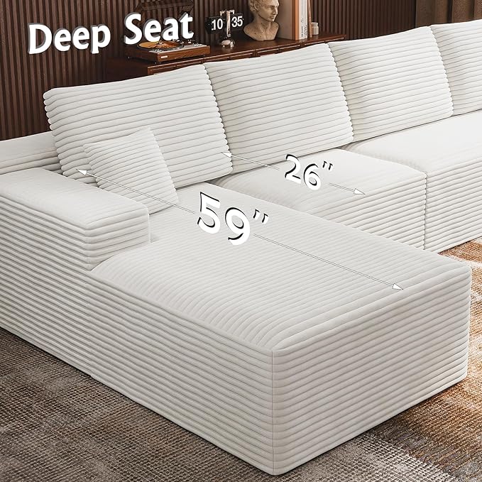 3-Piece Boneless Modular Sectional Sofa, Cloud Couch with Left Facing Chaise, Oversized Deep Seat, Soft Corduroy Fabric, Sectional Couch for Living Room-White