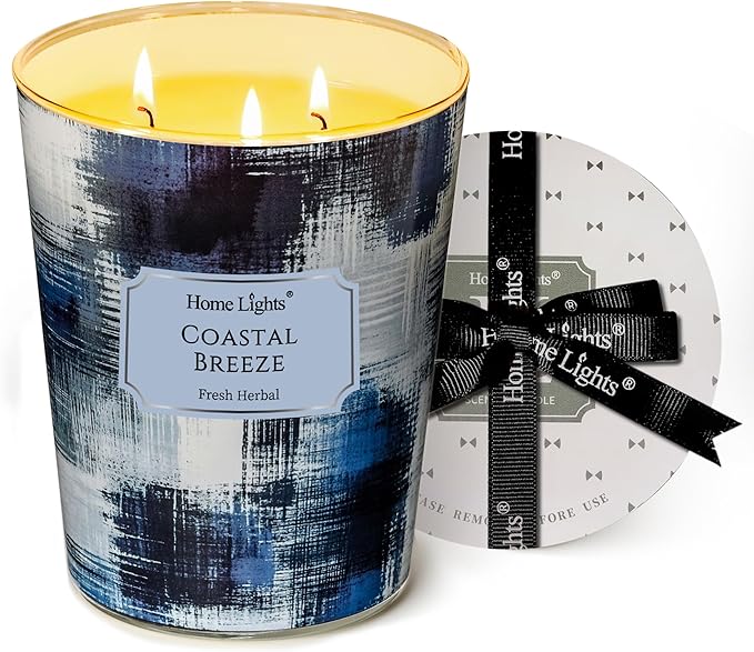 HomeLights Large jar Candle | 3-Wick Long-Lasting Scented Candles, 34oz Natural Soy Wax Candle for Home Scented, Scandinavian Minimalist Design Gifts for Women & Men, Coastal Breeze