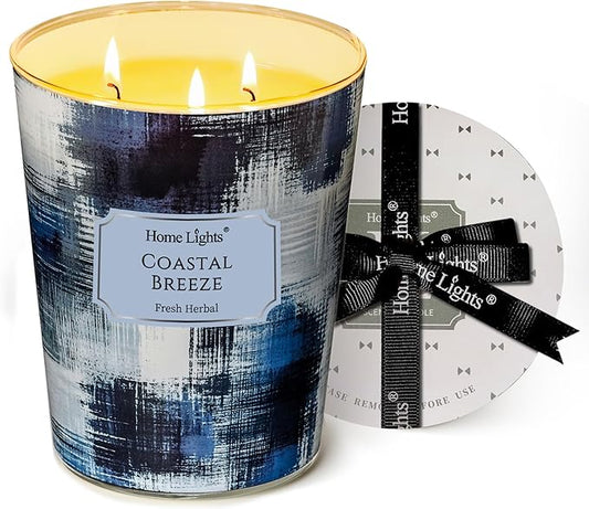 HomeLights Large jar Candle | 3-Wick Long-Lasting Scented Candles, 34oz Natural Soy Wax Candle for Home Scented, Scandinavian Minimalist Design Gifts for Women & Men, Coastal Breeze