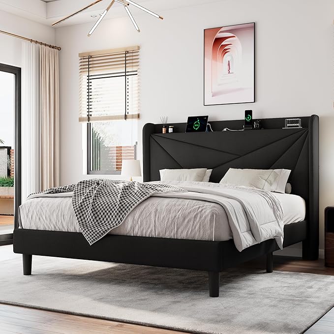 Full Size Upholstered Bed Frame with Charging Station, Platform Bed Frame with Storage Headboard, Solid Wood Slats Support, No Box Spring Needed, Black