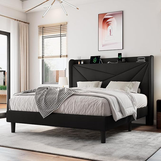 Queen Size Upholstered Bed Frame with Charging Station, Platform Bed Frame with Storage Headboard, Solid Wood Slats Support, No Box Spring Needed, Black