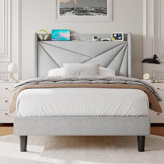 Twin Size Upholstered Bed Frame with Charging Station, Platform Bed Frame with Storage Headboard, Solid Wood Slats Support, No Box Spring Needed, Light Gray