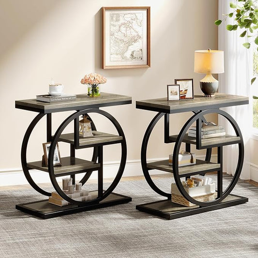 Tribesigns End Table Set of 2, 4-Tier Narrow Side Table with Storage Shelves, Wood Small Sofa Side Table with Geometric Metal Frame, Industrial Bedside Table for Bedroom, Living Room, Grey