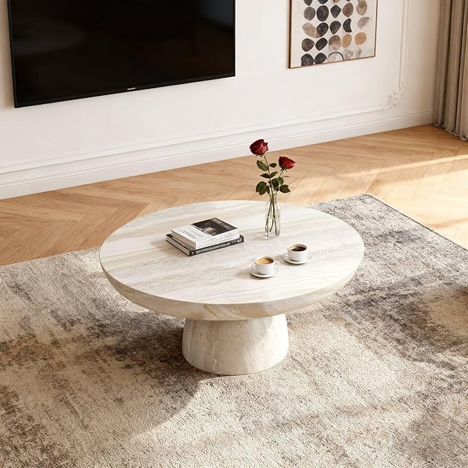 31.5" Round Coffee Table for Living Room,Cave's Stone Surface Fiberglass,Beige