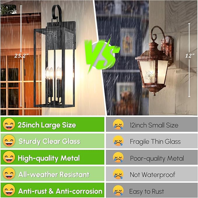 BesLowe 25" Outdoor Wall Light Fixture, 4-Light Extra Large Exterior Lighting Fixture Wall Mount, Waterproof Porch Light Outdoor Wall Sconce Lantern, Outside Light for House Front Door Garage, Black