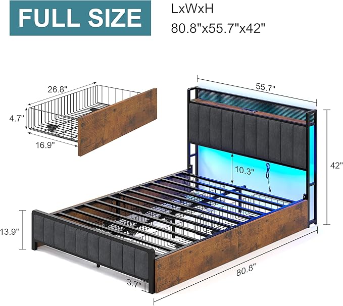 VECELO Full Size Upholstered Metal Bed Frame with Storage Drawers, LED Headboard, USB & Type-C Ports, Linen Fabric Platform Bed with 9 Legs Support, Noise-Free Design, No Box Spring Needed, Grey