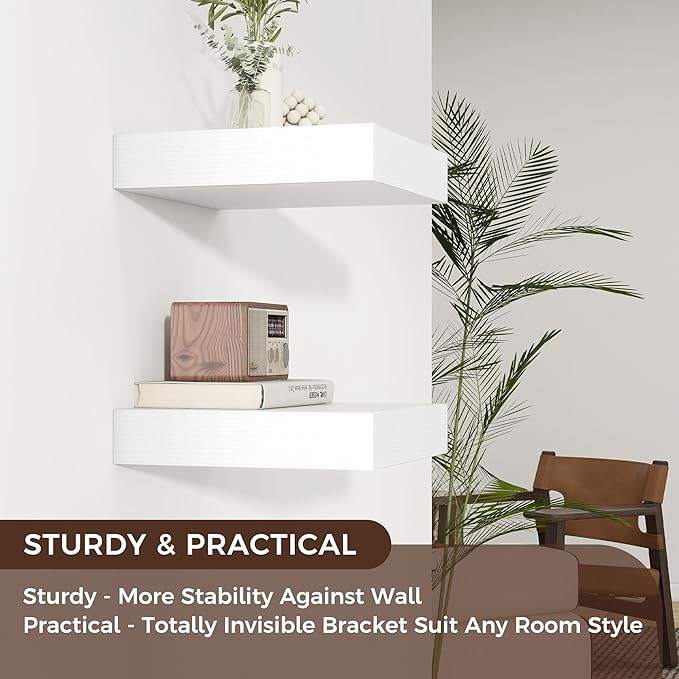 Square Floating Shelves for Wall, 12" W x 12" D x 2" H, 2 Pack of Small Wall Mounted Engineered Wood Shelves with Invisible Brackets for Living Room, Bedroom, Bathroom, Kitchen Decor, White