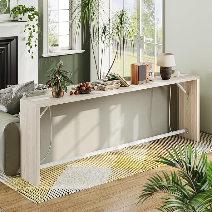 TIQLAB Sofa Table, 79''L x 9.1''W (1.2'' Thickness) Long Console Table Behind Couch, Entryway Table with Angled Metal Frame, Industrial Console Table, Light Walnut