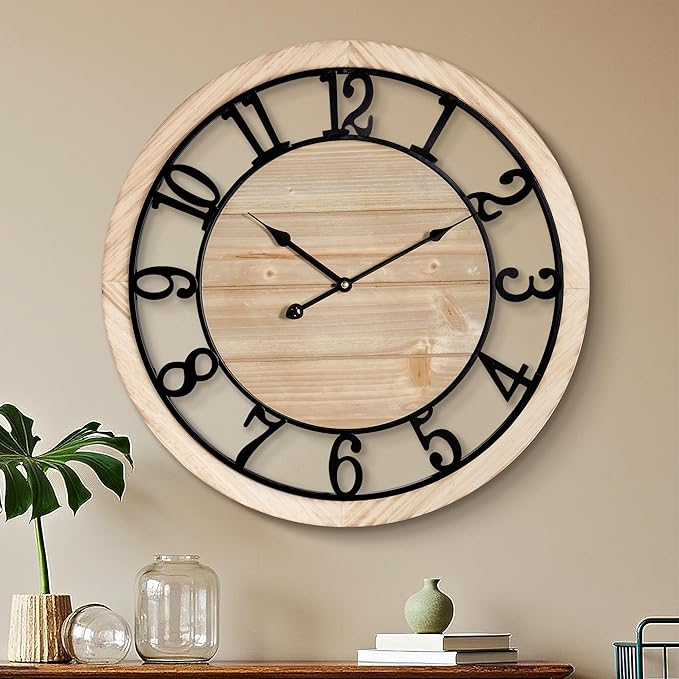 Maxstar 30'' Wall Clock for Living Room Decor, Silent Rustic Wooden Farmhouse Wall Clock with Metal & Real Wood Frame, Battery Operated, for Kitchen Bedroom Office, Arabic Numerals