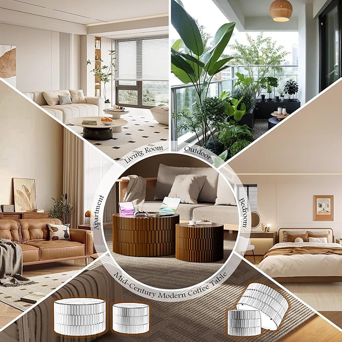 26.8" Round Coffee Table Set of 2 Wooden Nesting Coffee Tables Modern Circle Coffee Table Industrial Side Table Farmhouse Nesting Tables for Living Room Bedroom, Office (Walnut 26.8"+19.7")